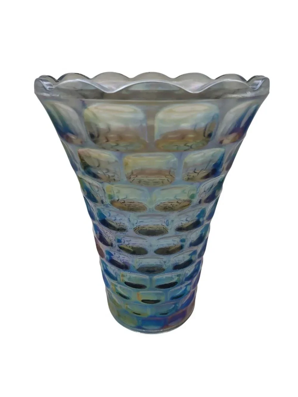 Federal Carnival Glass Yorktown Smoke Gray Iridescent Thumbprint Cubist Vase Vtg